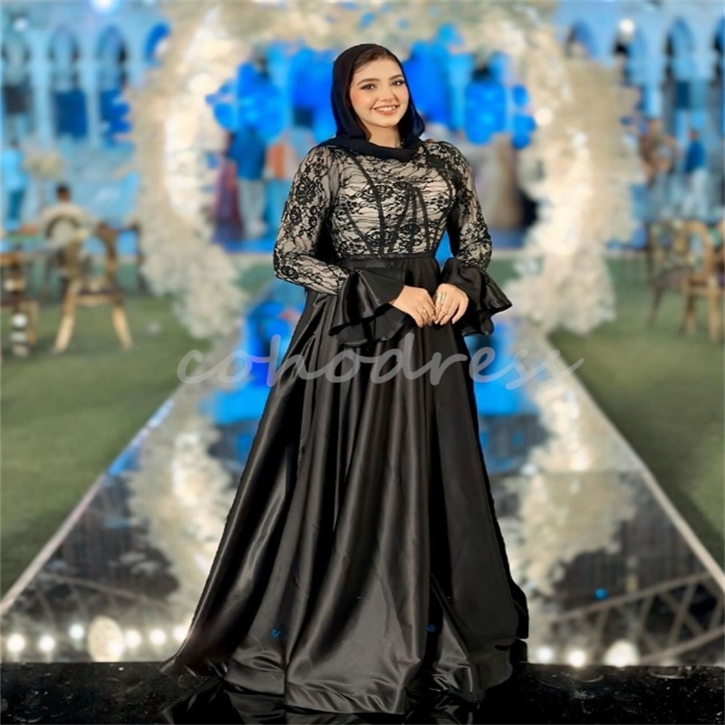 Graceful Black Muslim Evening Dresses A Line Top Lace Long Sleeve Saudi Arabic Prom Dress Elegant Ceremony Party Gown Dubai Engagement Secong Party Dr