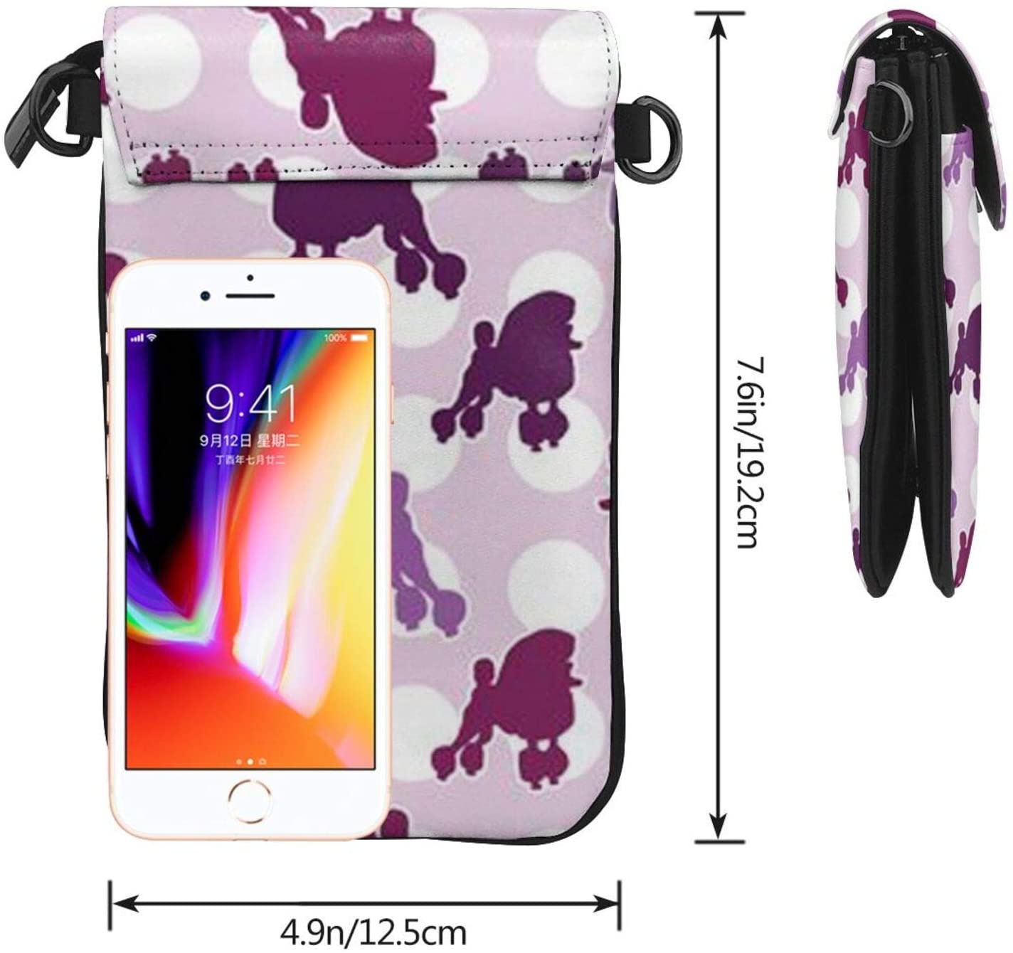 New Lightweight PU Leather Cell Phone Purse Purple Poodle Polka Dot Small Crossbody Bags Shoulder Bag Wallet Handbag for Women