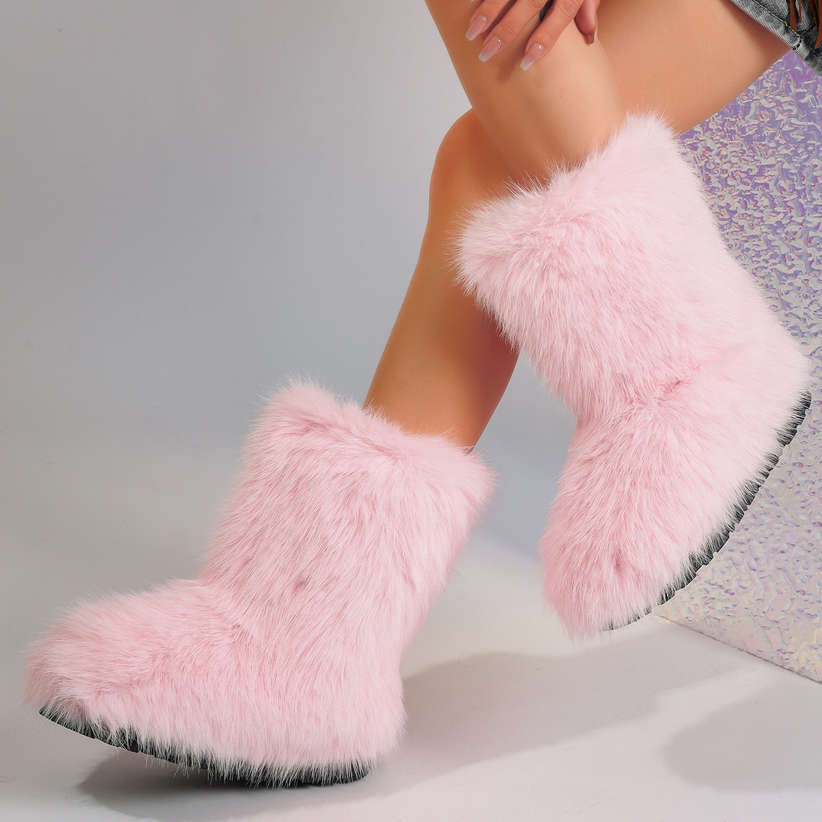 Womens Winter Snow Outdoor Furry Real Raccoon New Boots Woman Fox Fur Warm Platform Shoes Fashion Bottes