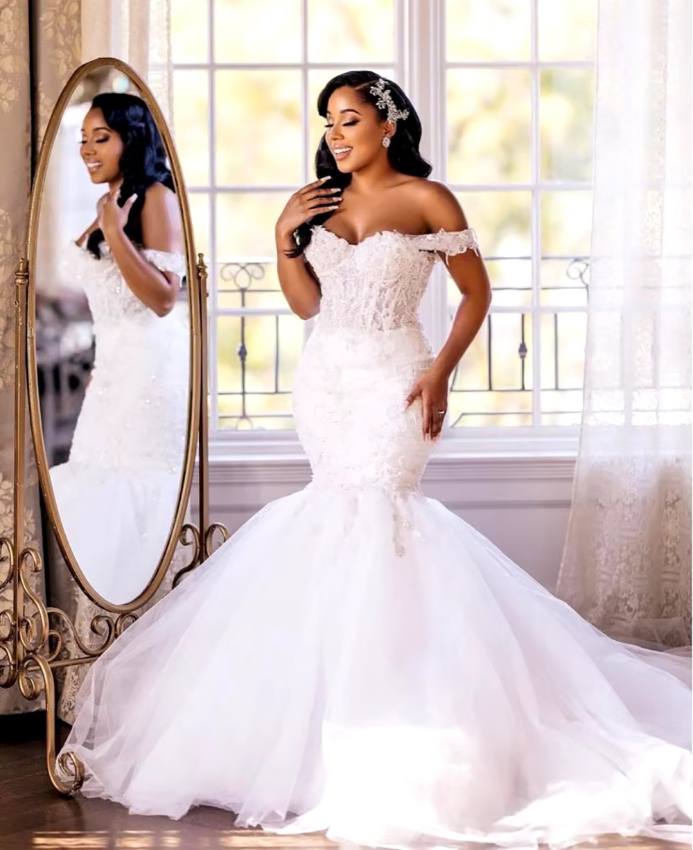 African Elegant Mermaid Wedding Dresses for Bride Off Shoulder Lace up Closure Sweep Train Beaded Bridal Gowns Customized Free shipping Free
