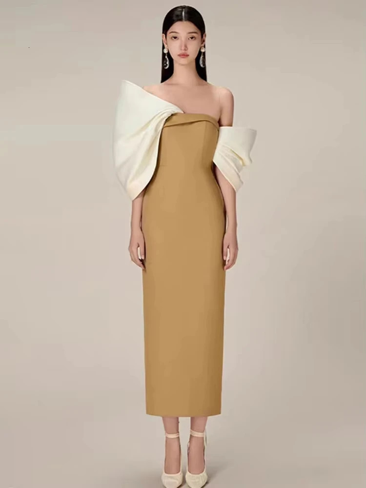 Fashion Womens Evening Dress Slash Neck Chest Wrapping 3D Bows Patchwork Slim Zipper Dresses Summer 241108