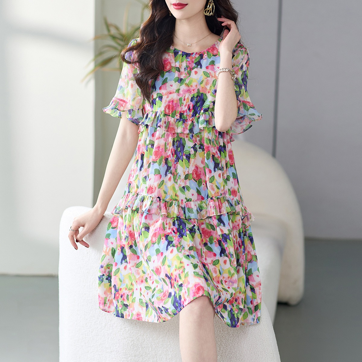 Oc412N75 Customization Top Skirt Silk Women's Autumn Dress High Quality Printed Slim Fit Silkworm Multi Color Loose Waist for Daily Commuting Cas