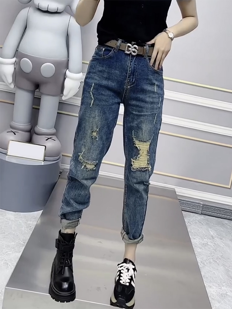 Large Size Ripped Jeans Women's Summer Thin Model 2023 New Radish Daddy Pants Fat Mm Thin Haren Pants Y2k