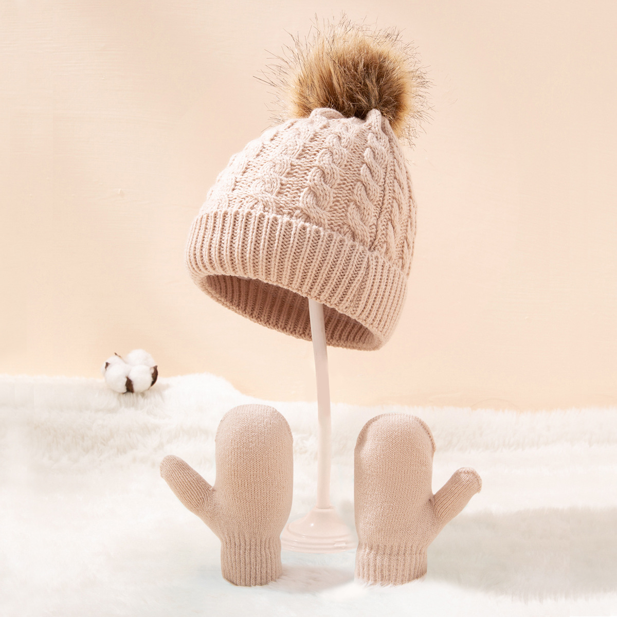 Winter Hat Gloves Suit Children Boys Girls Caps Pompom Ball Keep Warm Knitted Beanies and Mittens Solid Color for 0-3 Years Kids
