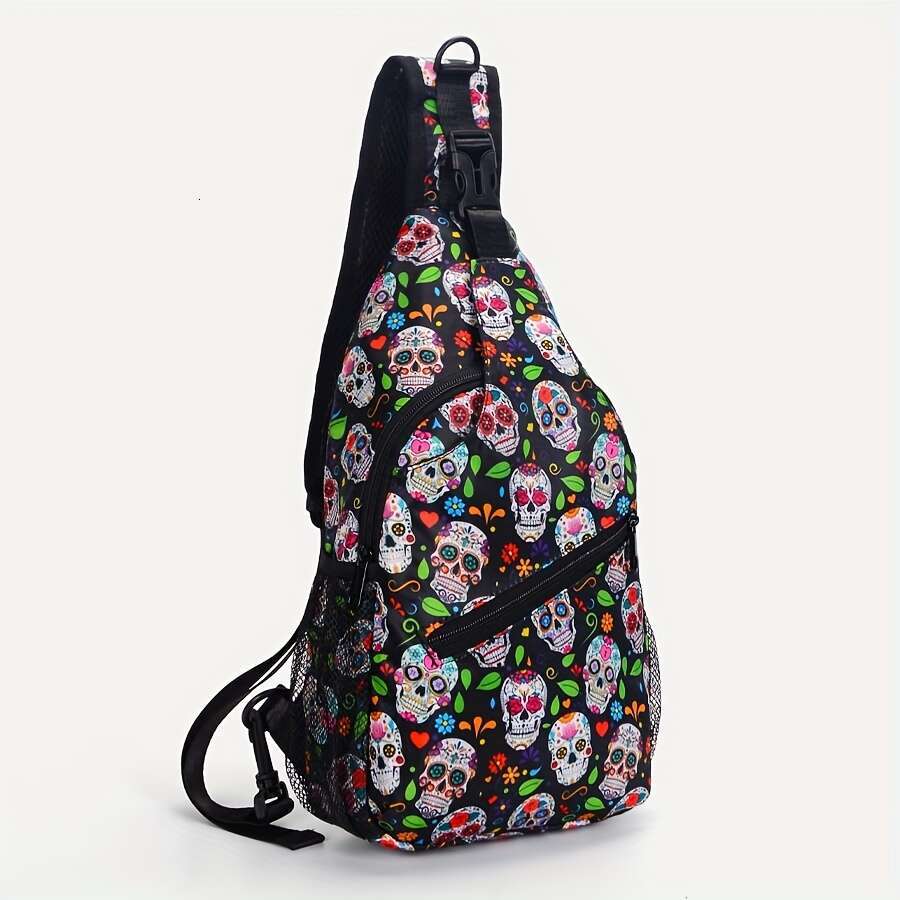 Fashion Skull Printed Chest Crossbody Large Capacity Shoulder Bag, Hiking Running Cycg Travel Messenger Bag .