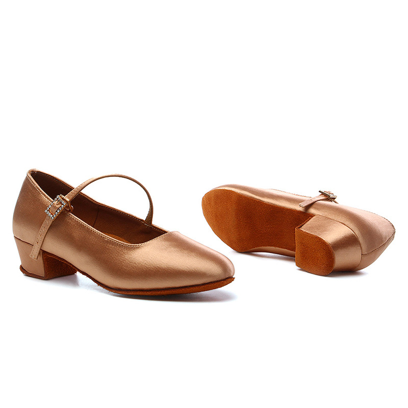 Women's Dance Shoes High Quality Satin Standard Dance Shoe Low Heel Tan Color Ballroom Dancing Shoes Child Shoes Female