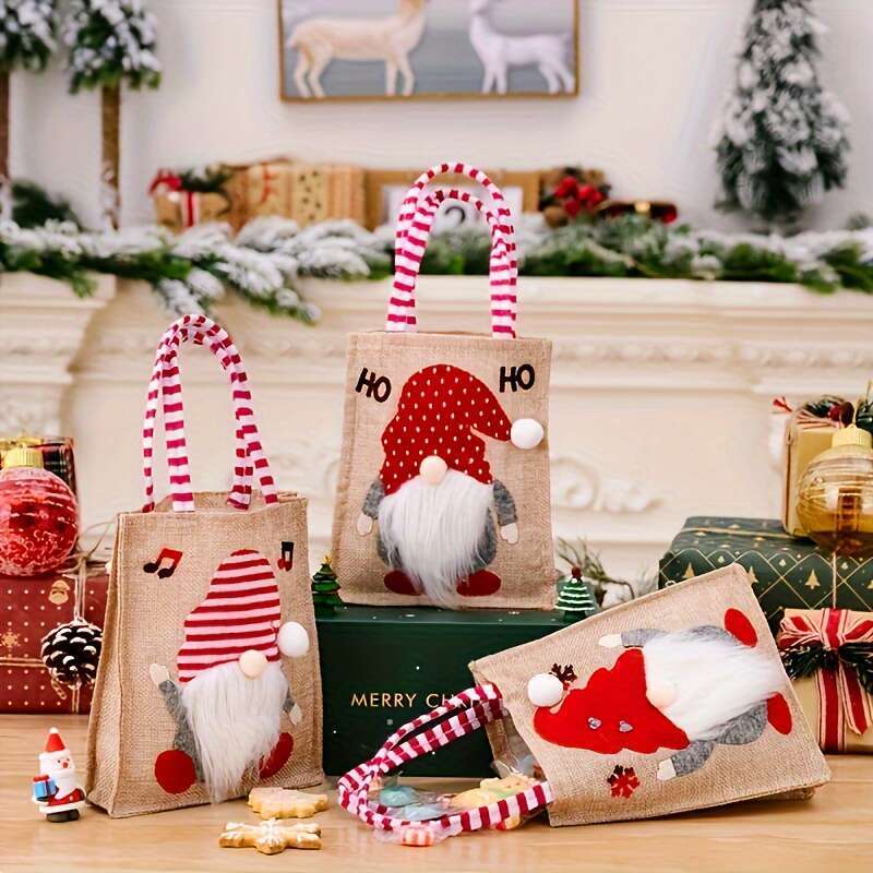 Christmas Set of 4 Decoration Gnome Gift - Cute Portable Faceless Doll Design, Burlap Candy for Christmas Favors, Unique Gifts, Reusable Shopping and 
