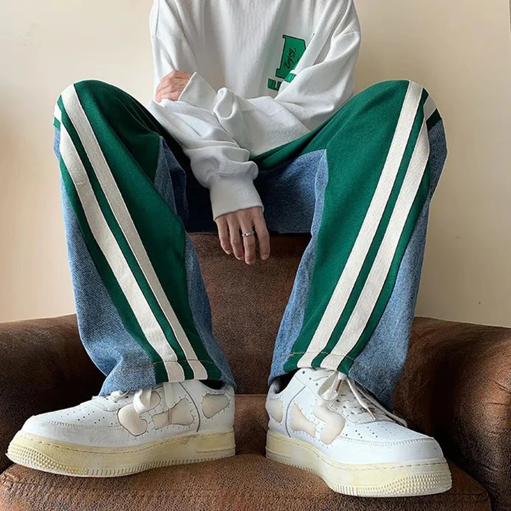 Mens Y2K Tracksuits denim drawstring casual pants street straight pants unisex fashion patchwork comparison jeans hip-hop Trousers 241108