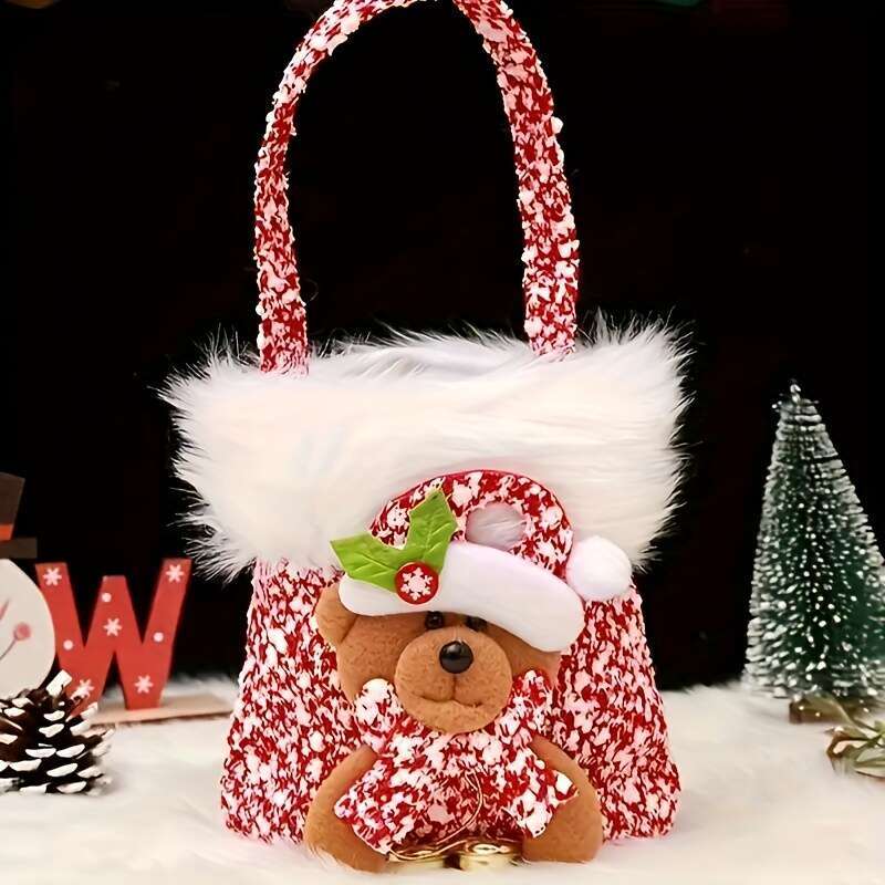 Christmas A set of 4 Christmas-themed plush bags with handles, candy apple Christmas Eve gift bags, Santa Claus, reindeer, bear and snowman themes, su