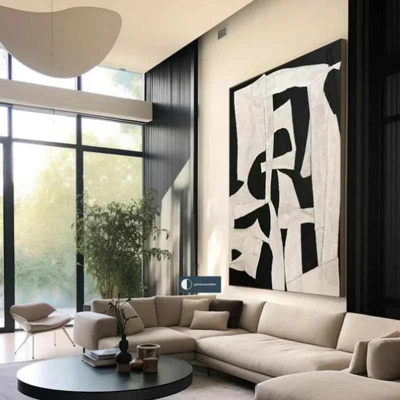 Beige Wabi Sabi Wall Art Black Beige Abstract Painting Handmade Minimalist Canvas Large Neutral Rich Textured Living Room Decor