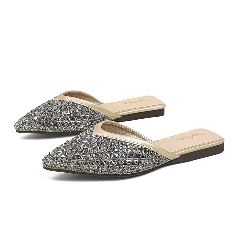 Designer New Crystal Beading Summer Shoes New Wearing Outside Woman Pointed Toe Glitter Rivets Slippers Female Slides Sequines Sandals Big Size 43