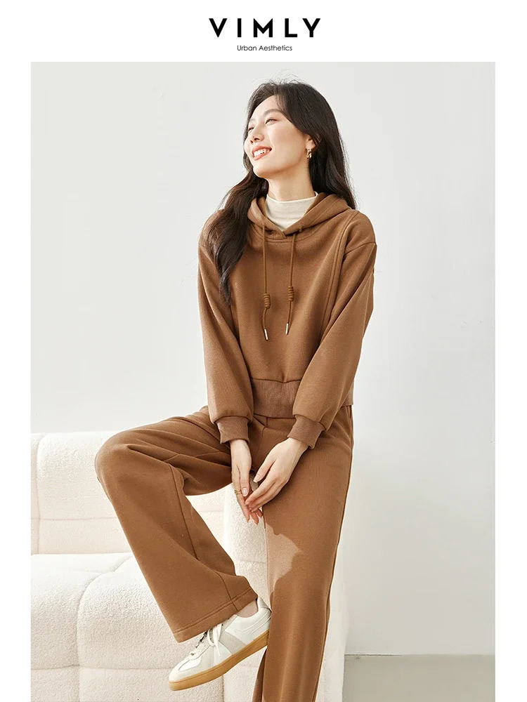 Vimly Fleece Tracksuit Womens Coffee Sports Two Piece Pants Hooded Sweatshirt Wide Leg Sweatpants Matching Set M3736 241111