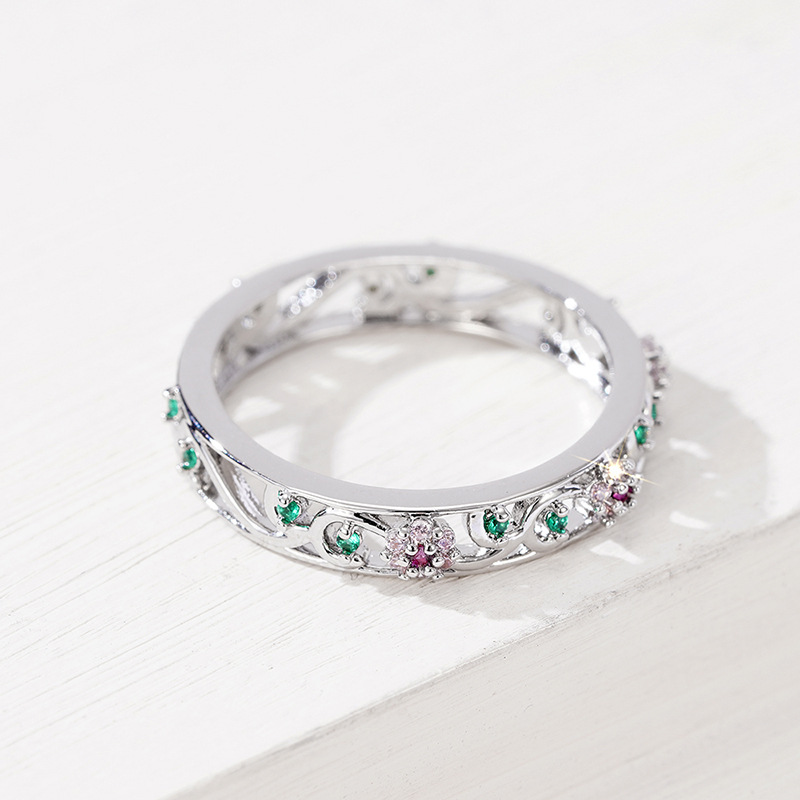 Classic 925 Sterling Silver Flower Ring Purple Diamond Ring Green Crystal Solitaire Ring Luxury Wedding Ring Party Dress Jewelry