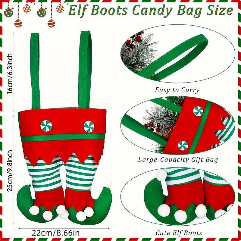 Christmas 4pcs Christmas Elf Boot Candy Bags Set - Festive Handheld Stocking Fillers for Holiday Party Decor & Gift Wrapping .