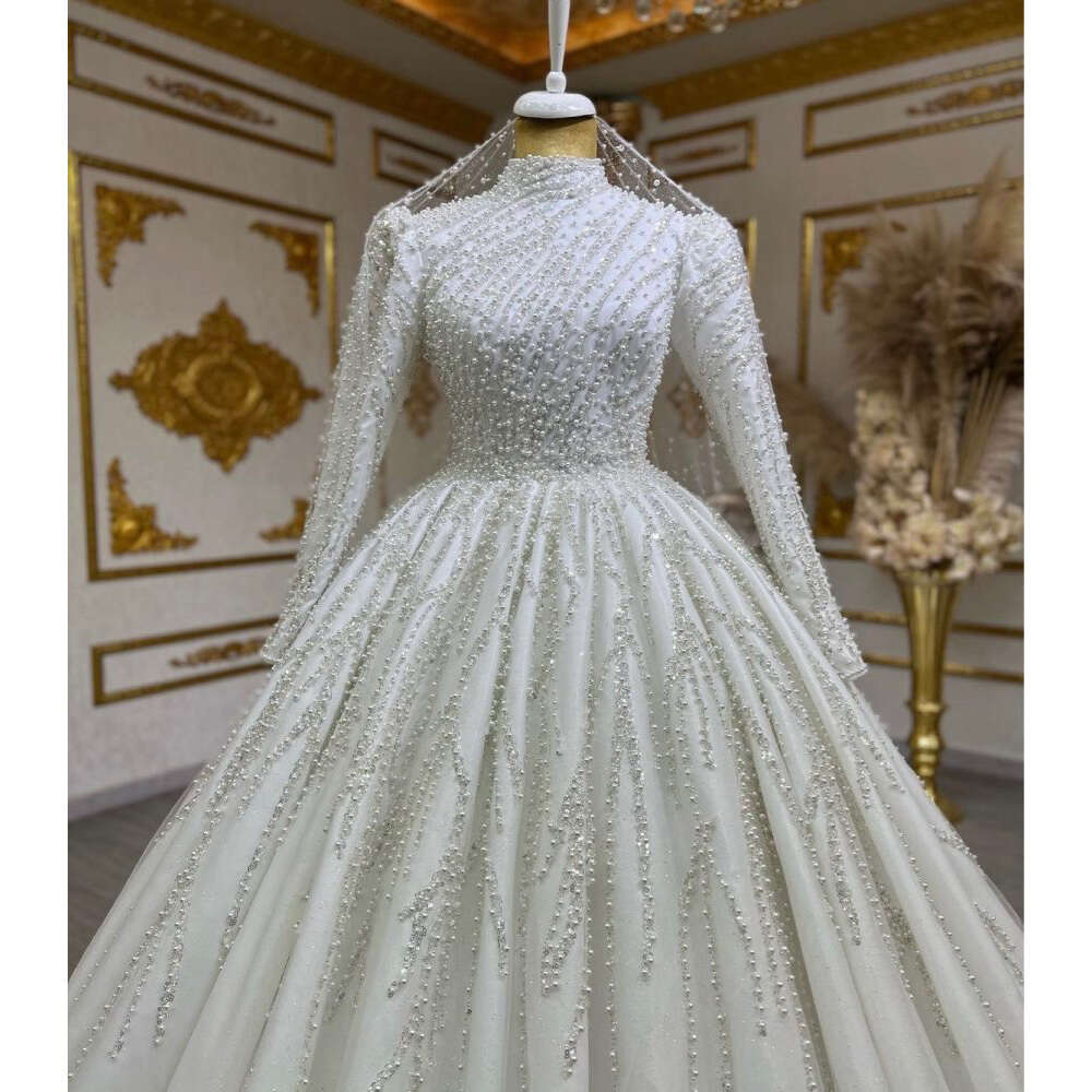 STEVDITG Pearls Bride Fashion High Collar Long Sleeves Beading Ball Gowns Elegant Chapel Train Wedding Dress