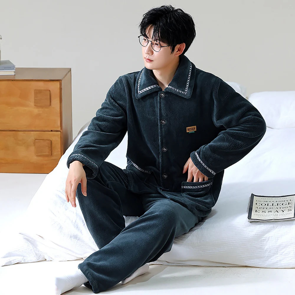 Mens Winter Thicken Flannel Plus Plush Double Warm Sleepwear 3XL Big Size Pajamas Casual Comfortable Soft Sriped Pajama Sets 241111