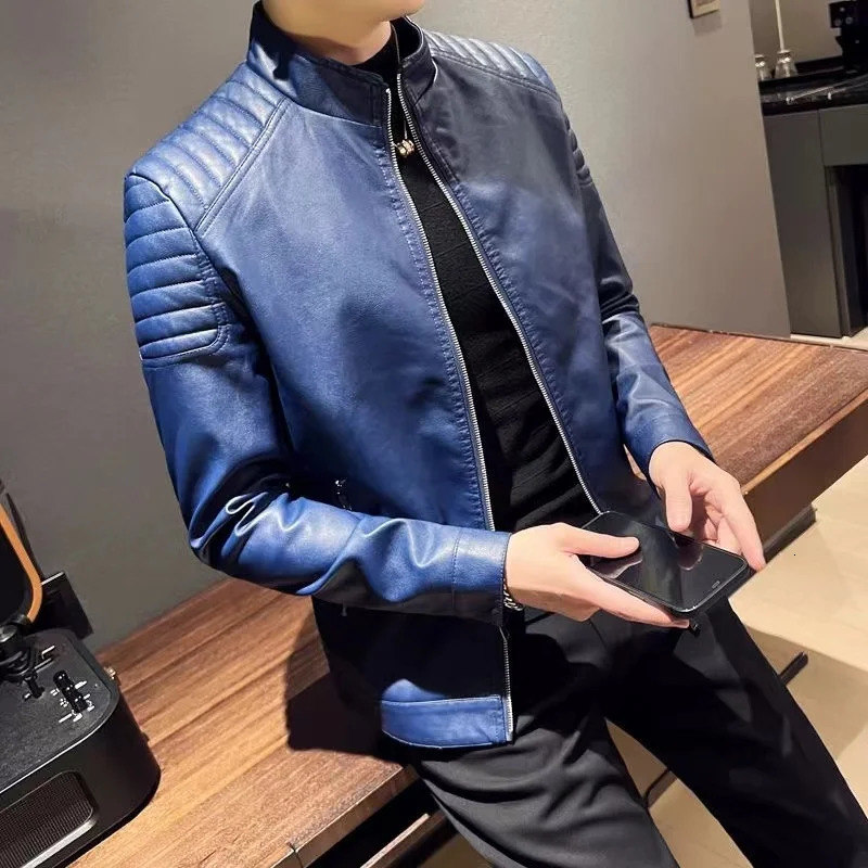Spring Men Solid Color Fashion Long Sleeve Faux Leather Coats Male Stand Collar Jacket 241108
