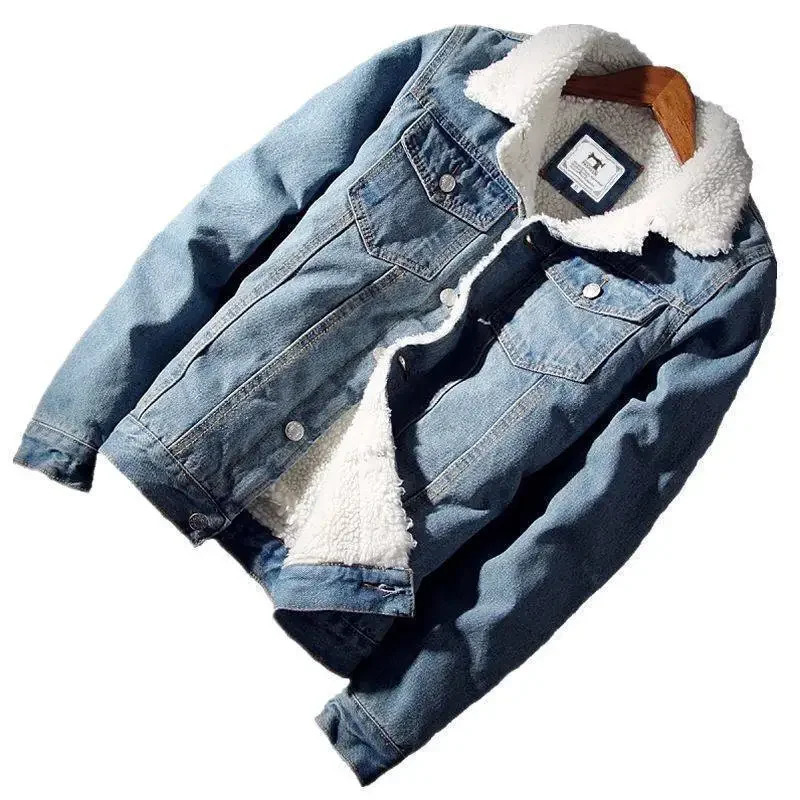 Winter wool lined denim jacket mens weight loss cotton jacket with thickened wool lining at the top for casual scenes 241108