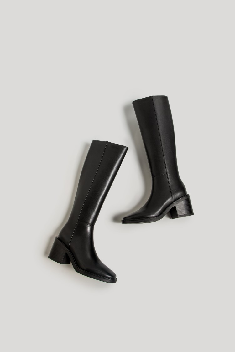 Leather Tall Women Thick Heels Knee High Boots Autumn Winter Warm Ladies Long Shoes Black Elegant Designer