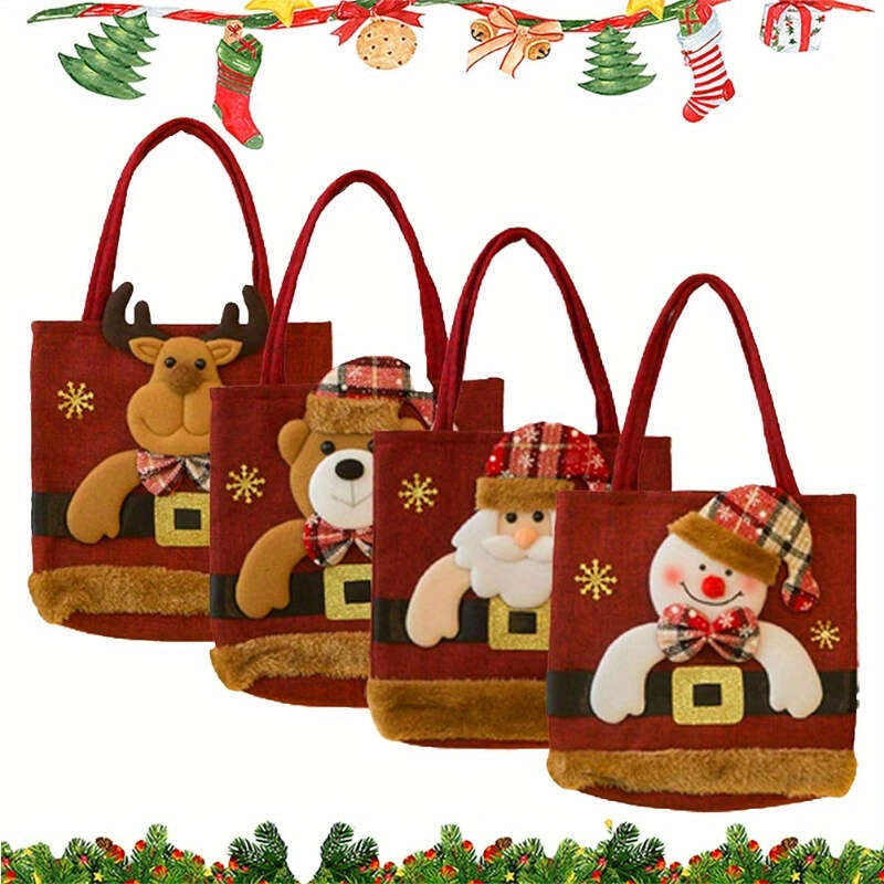 Christmas 4pcs Set of Festive Gift Bags with Santa, Snowman & Reindeer Dolls - Charming Holiday Drawstring Pouches Gifts, Candy, Party Favors | Perfec