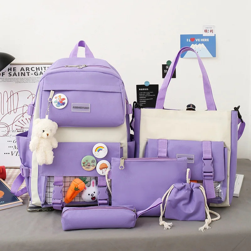 large-capacity shoulder bag Cute carrot rabbit doll pendant Simple versatile schoolbag fashion schoolbag five sets Se 241111