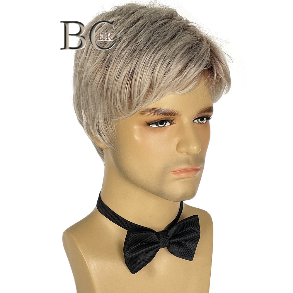 BCHR Short Men Blonde Wigs Synthetic Natural Straight Ombre Brown Roots Side Part Hairline Bangs Male Wig
