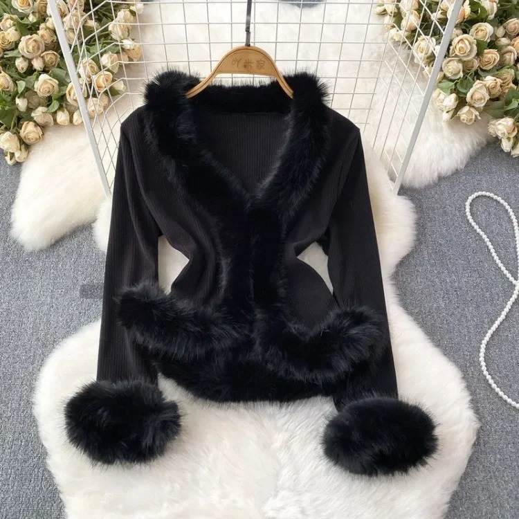 Autumn and winter V-neck fluffy patch work jacket Y2k Grunge slim fit top without print retro fashion long sleeved cardigan womens coat 241111