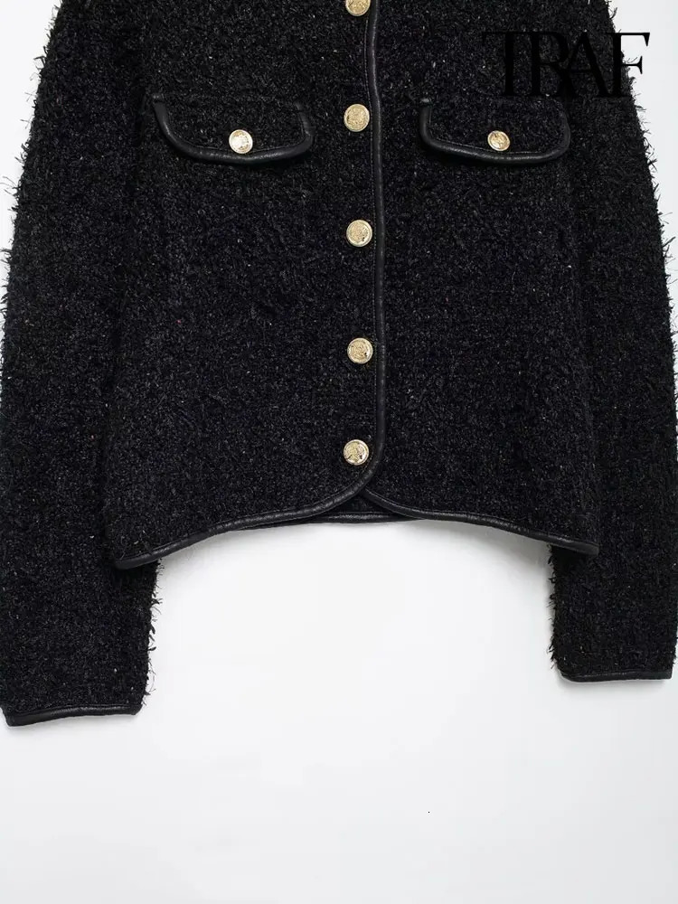 TRAFWomens Gold Button Tweed Jacket Coat O Neck Long Sleeve Female Outerwear Chic Tops Fashion 241111