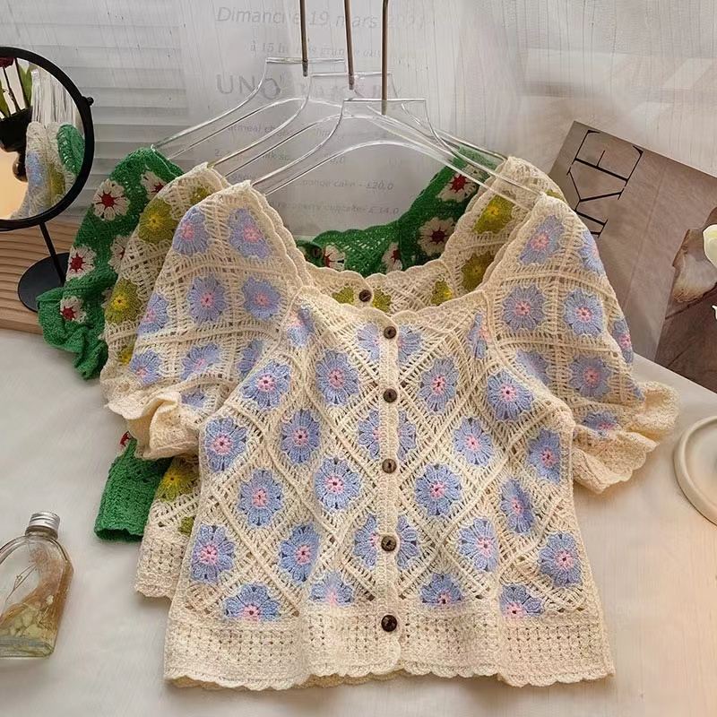 Vintage Flower Crochet Crop Top Casual Women Knitting Short Sleeve Embroidery T-Shirt Cute Elegant Square Collar Blouse P751