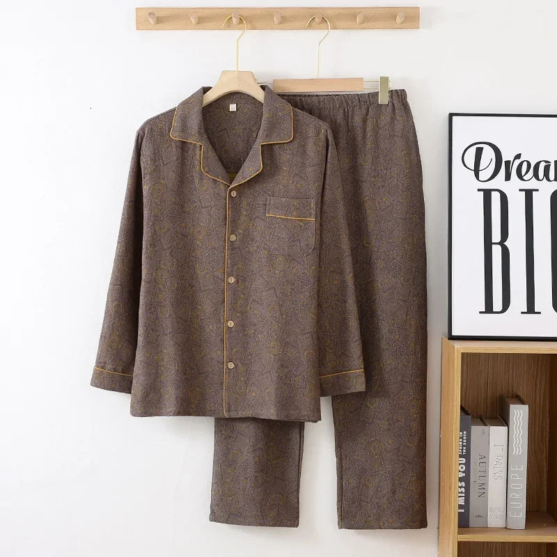 Cotton Doublelayer Simple Mens Spring and Autumn Sleepwear Thin Long Sleeved Pants Loose Home Pyjama Suit 241111