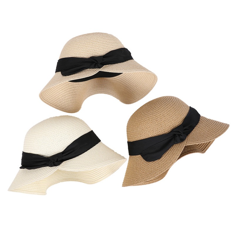 Women's Sun Hat Wide Brim Foldable Bows Straw Hats Summer Travel Beach Panama Cap Dome Bucket Cap Breathable Visor Bonnet