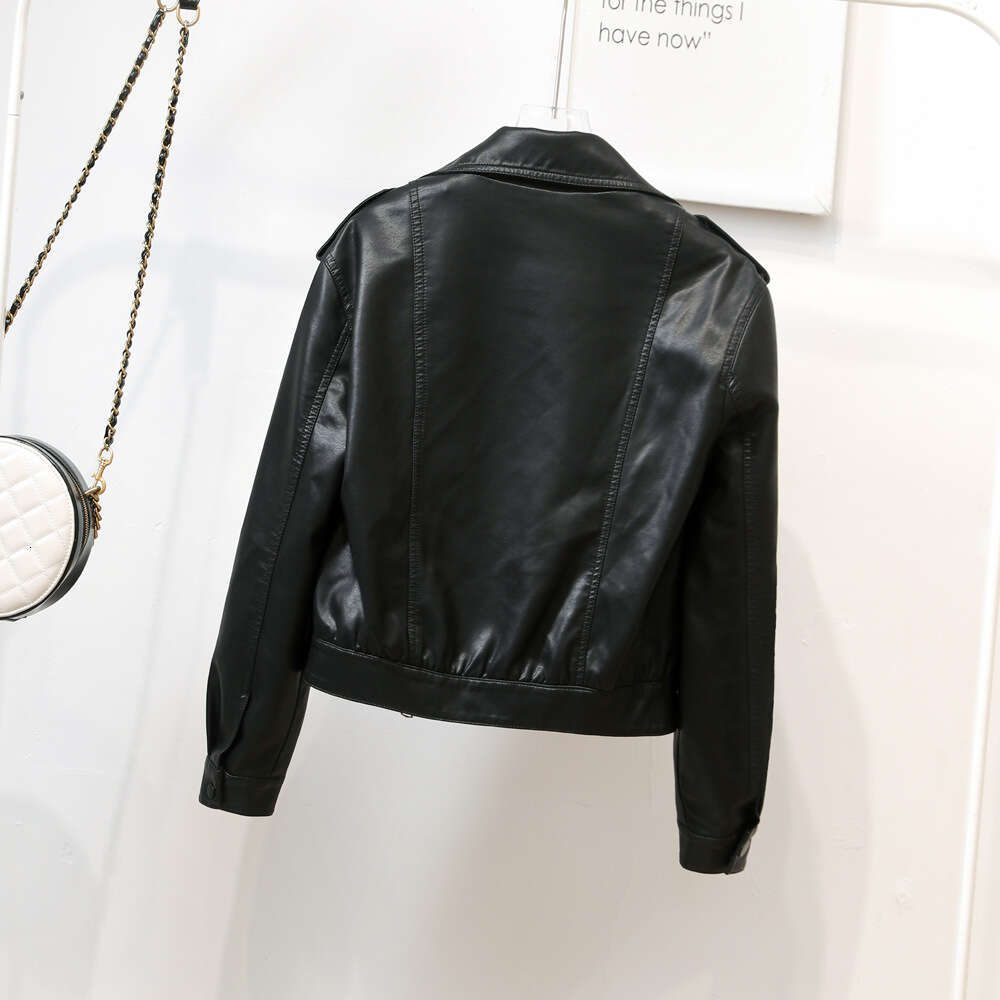 shanshi leather jacket women European style flip collar PU versatile for women's autumn motorcycle short leather jacket fashion