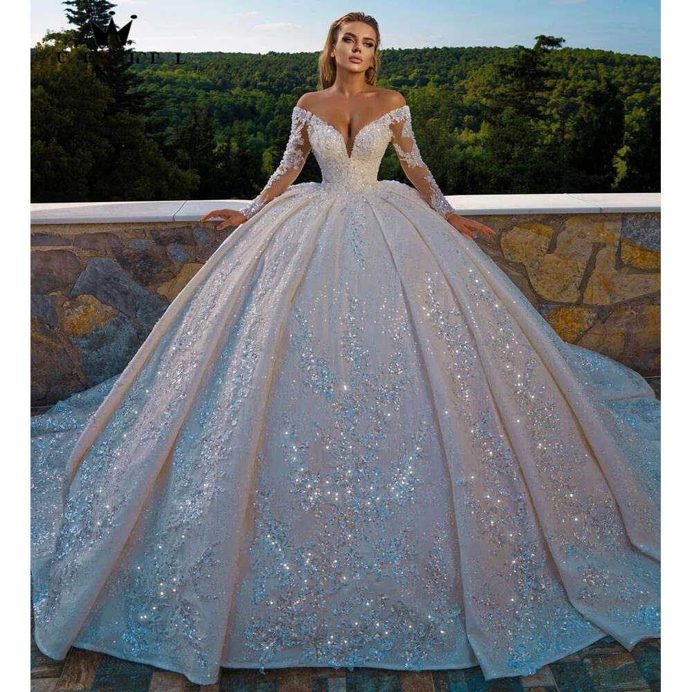 urious 2025 Wedding Ball Gown: Puffy Long Sleeve Tulle Crystal Beaded Sequins Women Formal Bride Dress
