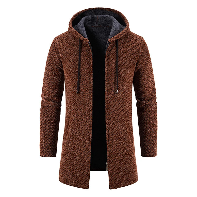 Mens Winter Trench Coat Long Knit Sweater Jacket Fleece Warm Hoodies Beige Business Casual Cardigan Zipper Jumper Overcoat 241108