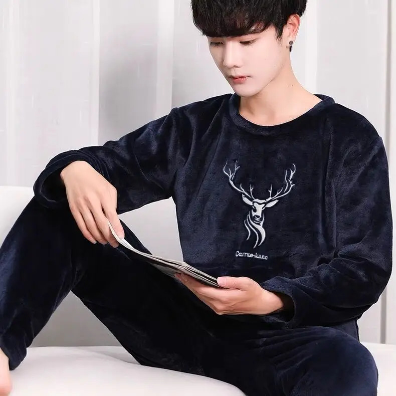 Cartoon Winter Pyjamas Sets Gent Long Sleeve Fashion Casual Sleepwear Round Neck Nightwear Suit Pajamas for Men 241111