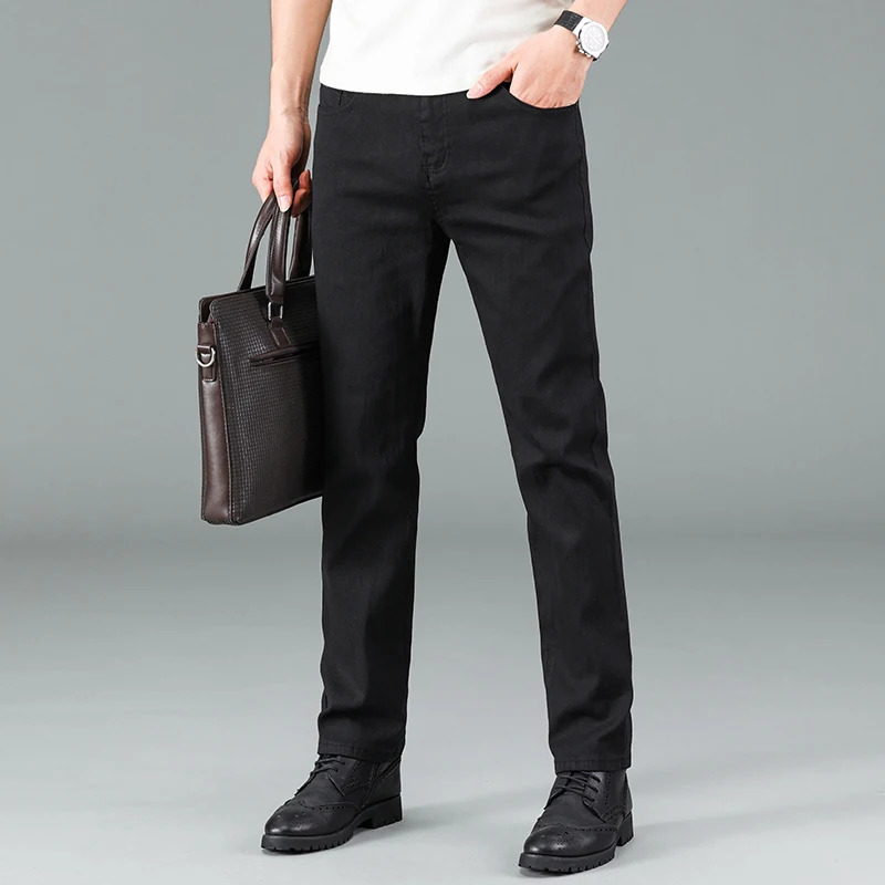 Mens pure black jeans Korean version trendy straight fit pants mens comfortable and elastic classic business 241111