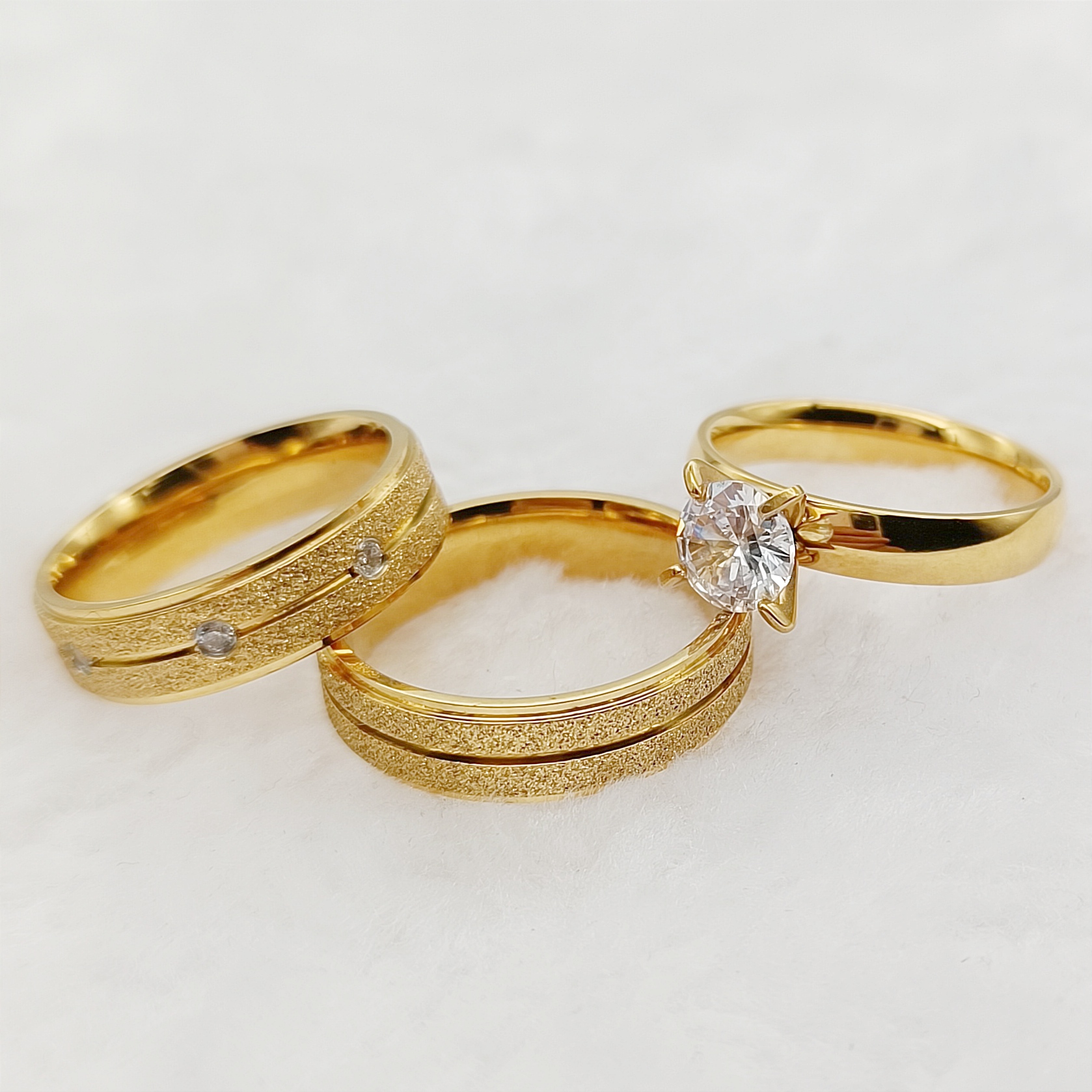 Conjunto de anillos de compromiso de boda para mujer, anillo de dedo chapado en oro de 24k, hecho a mano, 3 piezas