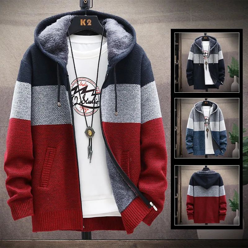 Mens Knit Sweater Fleece Coat Striped Jackets Fashion Hoodies Winter Autumn Thick Warm Windbreaker Pullovers Male Clothing 241120