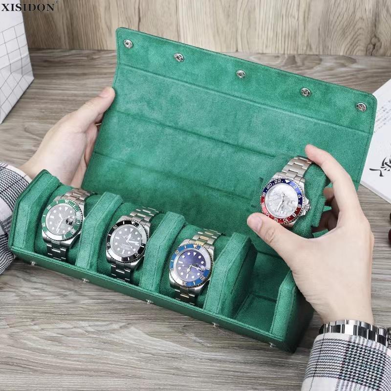 TOP 2/3/4Slots Watch Roll Box Saffiano Genuine Leather Watch Travel Roll Box Jewelry Storage Organizer Green Portable Watch Case
