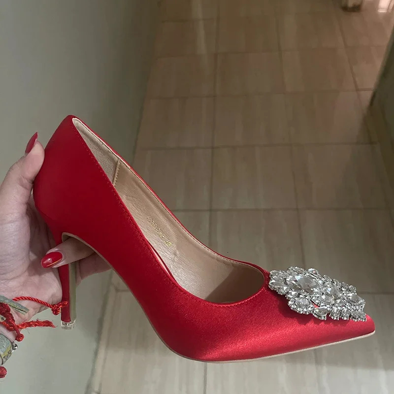 Women 10cm High Heels Sexy Rhie Green Pink Gray Pointed Toe Pumps Lady Silk Satin Escarpins Elegant Wedding Evening Shoes 241111