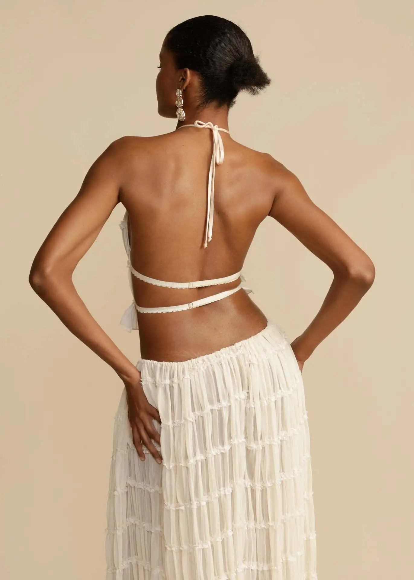 Fashion Halter Neck Long Skirt Suit Women Backless Sling Top Lace Up Fold Maxi Skirts Summer Female 2 Piece Set Outfits 240329