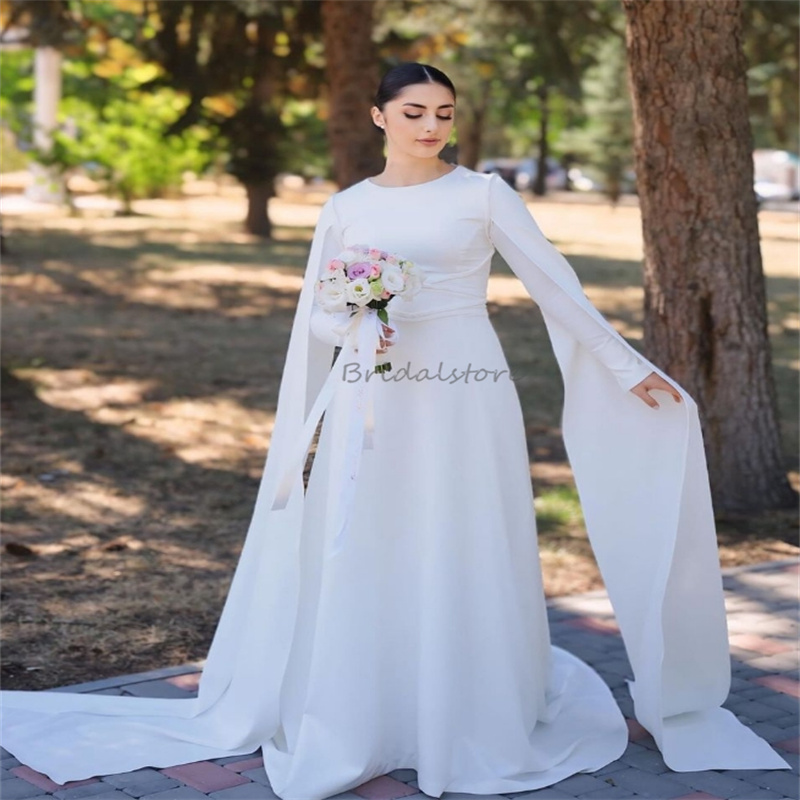 Saudi Arabic Dubai Wedding Dresses Fairy Caftan Long Sleeve Islamic Muslim Bride Dress Satin Forest Vestio De Novias Gelinlik Elegant Robe De Mariage 