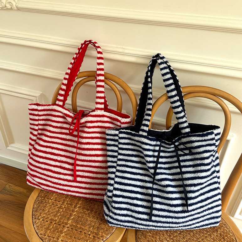 striped plush autumn winter style large capacity simple versatile reversible bag, college style 241115