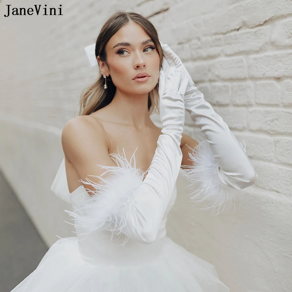 JaneVini 2023 White Feathers Long Bridal Gloves Women Satin 55cm Long Bride Wedding Gloves Arm Length Lange Handschoenen Dames