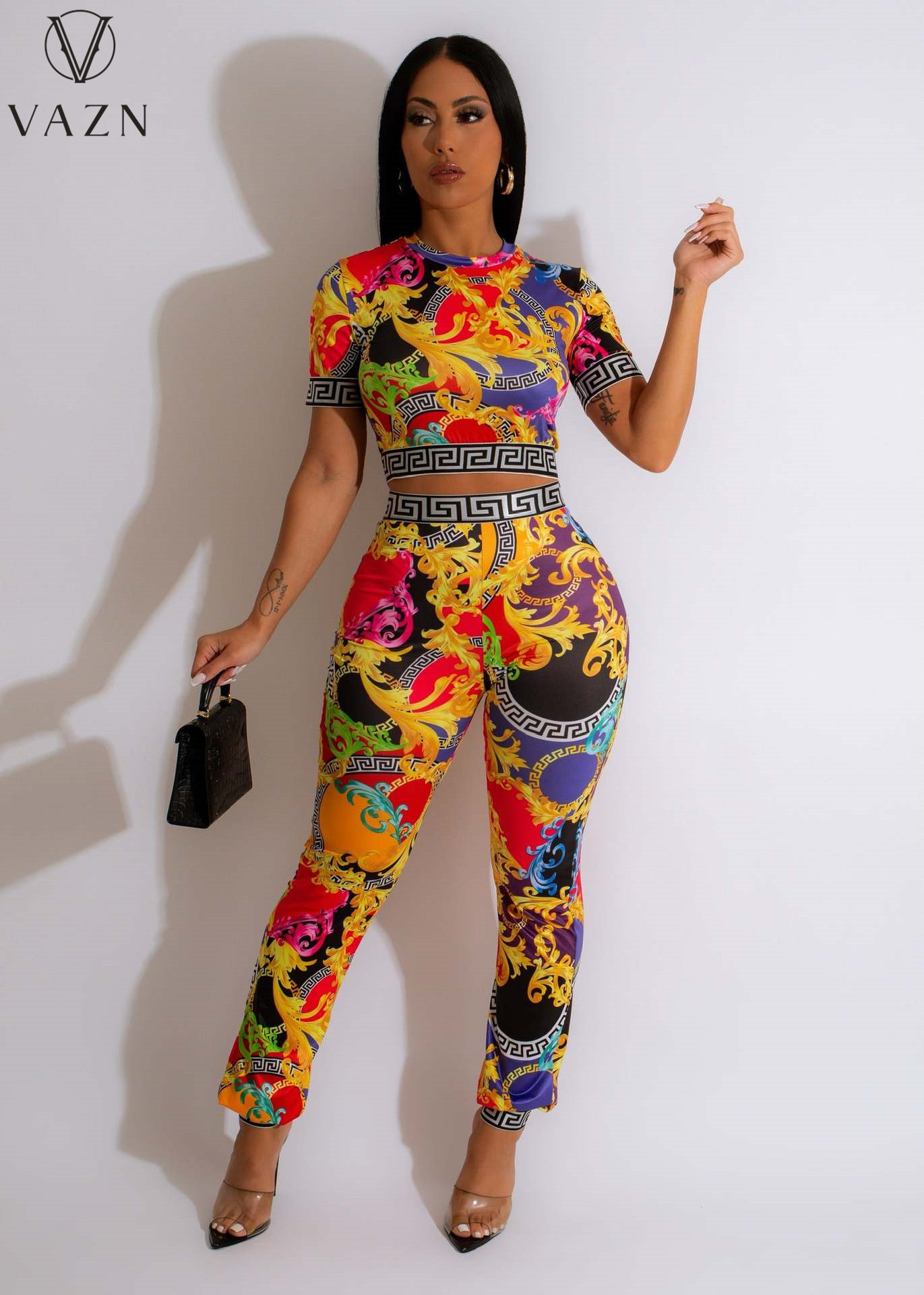 VAZN 2023 Women Street Girl Style Sets New Short Sleeve Round Neck Short Top Elastic Long Pants Printed Lady 2 Piece Set