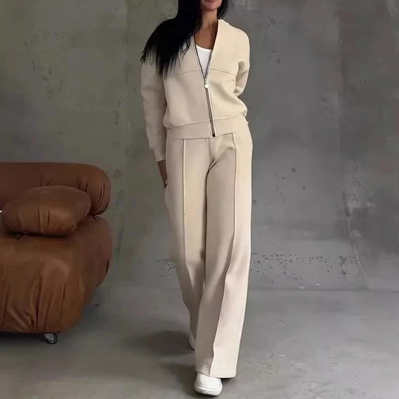 Autumn Winter Warm Two Piece Set Women Zipper Sweatshirt Coat Straight Pant Suit Outfit Casual Solid Sportswear Tracksuit 241111