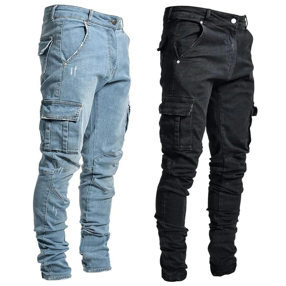 Street Elastic Jeans Men Denim Cargo Pants Wash Solid Color Multi Pockets Casual Mid Waist Trousers Slim Fit Daily Wear Joggers 241111