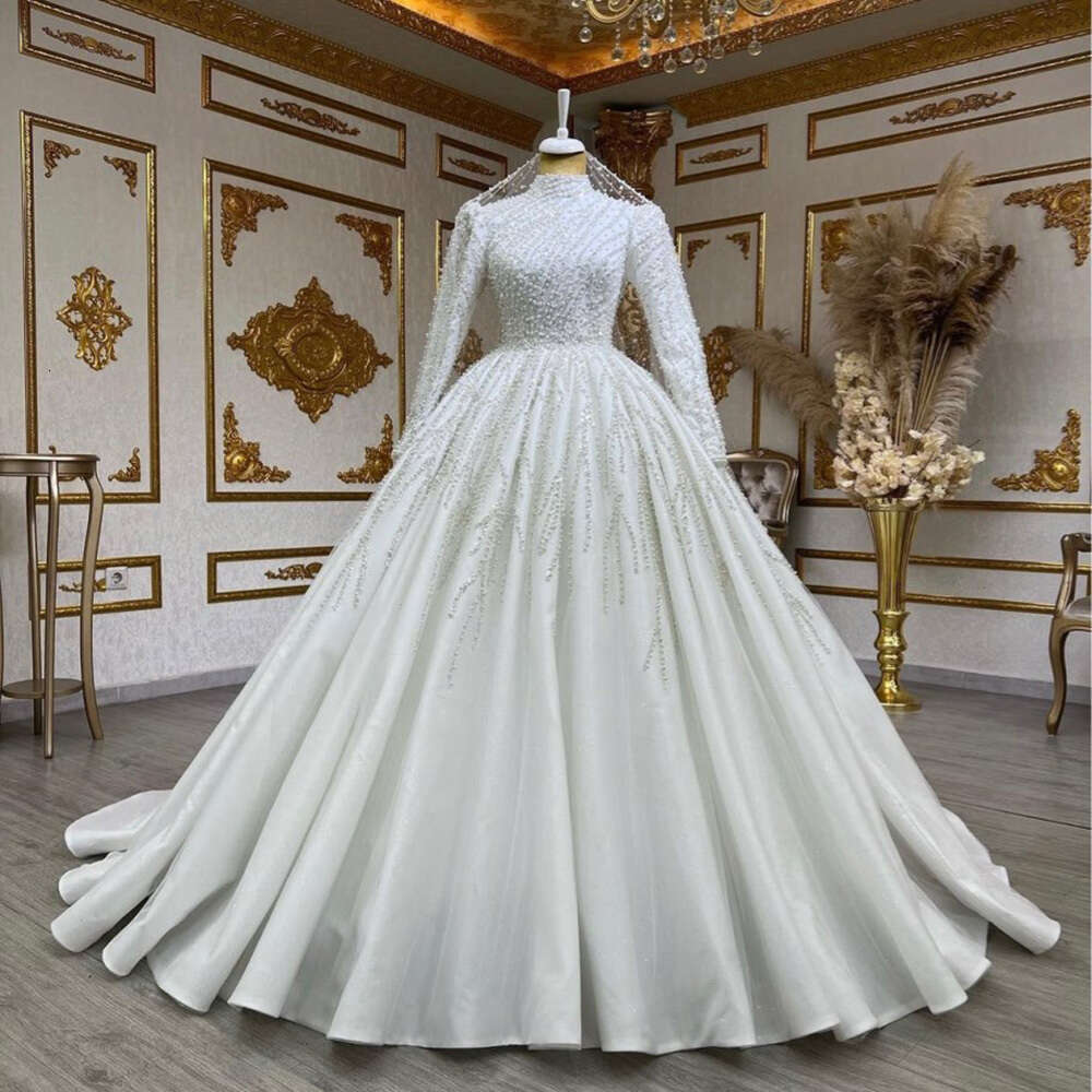 STEVDITG Pearls Bride Fashion High Collar Long Sleeves Beading Ball Gowns Elegant Chapel Train Wedding Dress