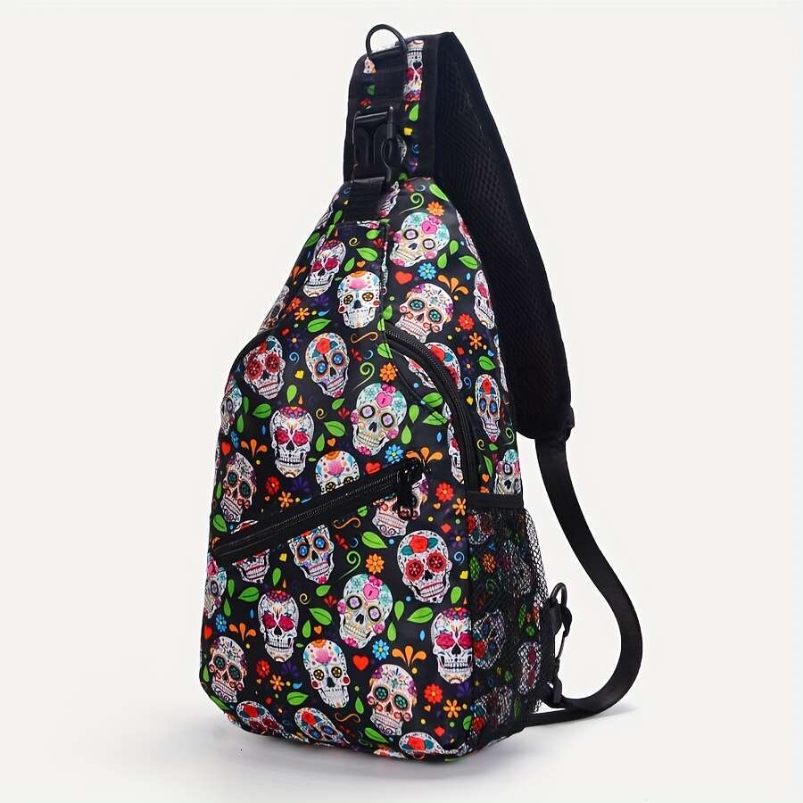 Fashion Skull Printed Chest Crossbody Large Capacity Shoulder Bag, Hiking Running Cycg Travel Messenger Bag .