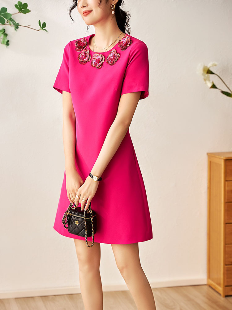 ZJYT Runway Designer Summer Dresses for Women Sequined Floral Party Short Sleeve Simple Vestidos De Fiesta Loose Casual Robe